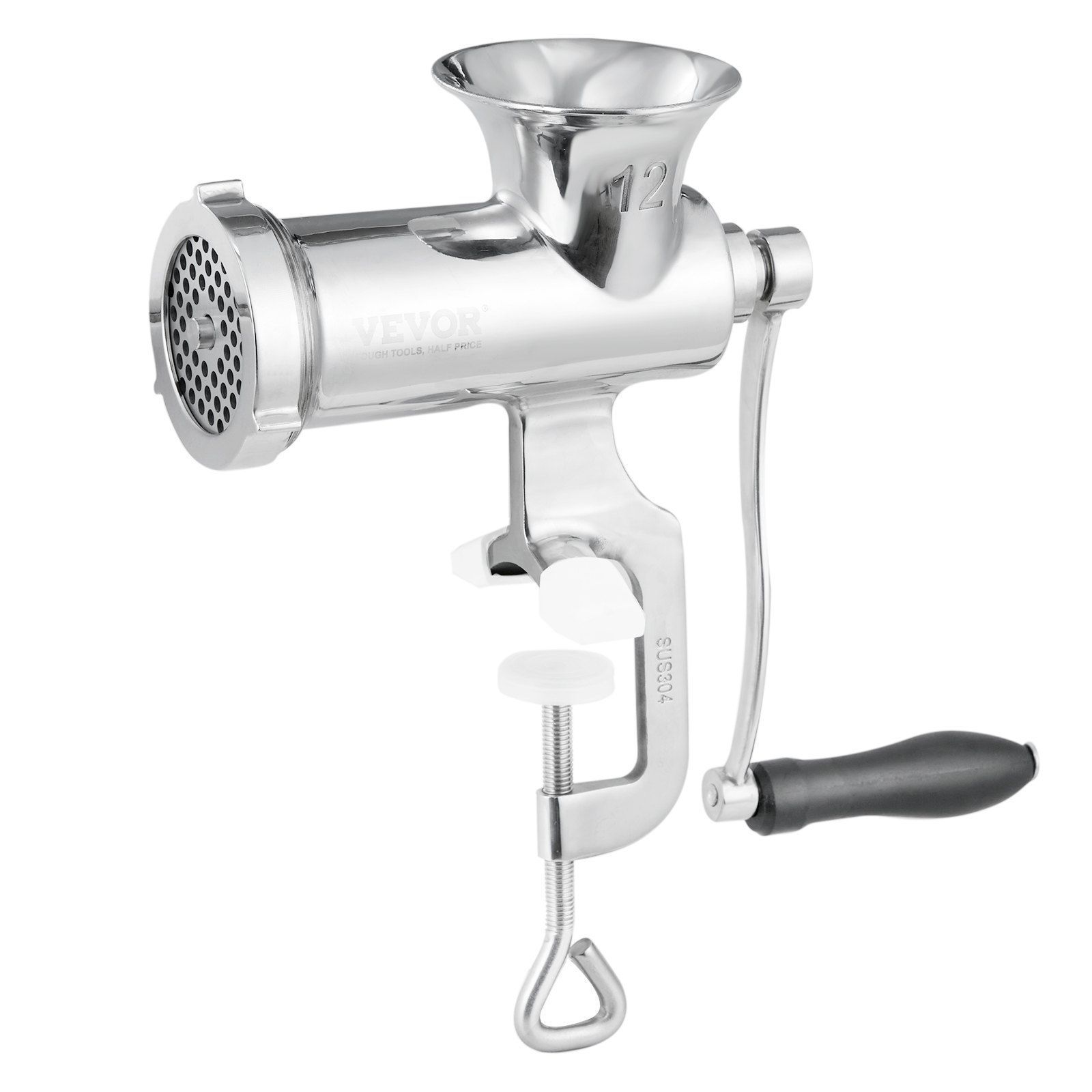 A manual, silver-colored metal meat grinder with a hand crank and table clamp on a white background.