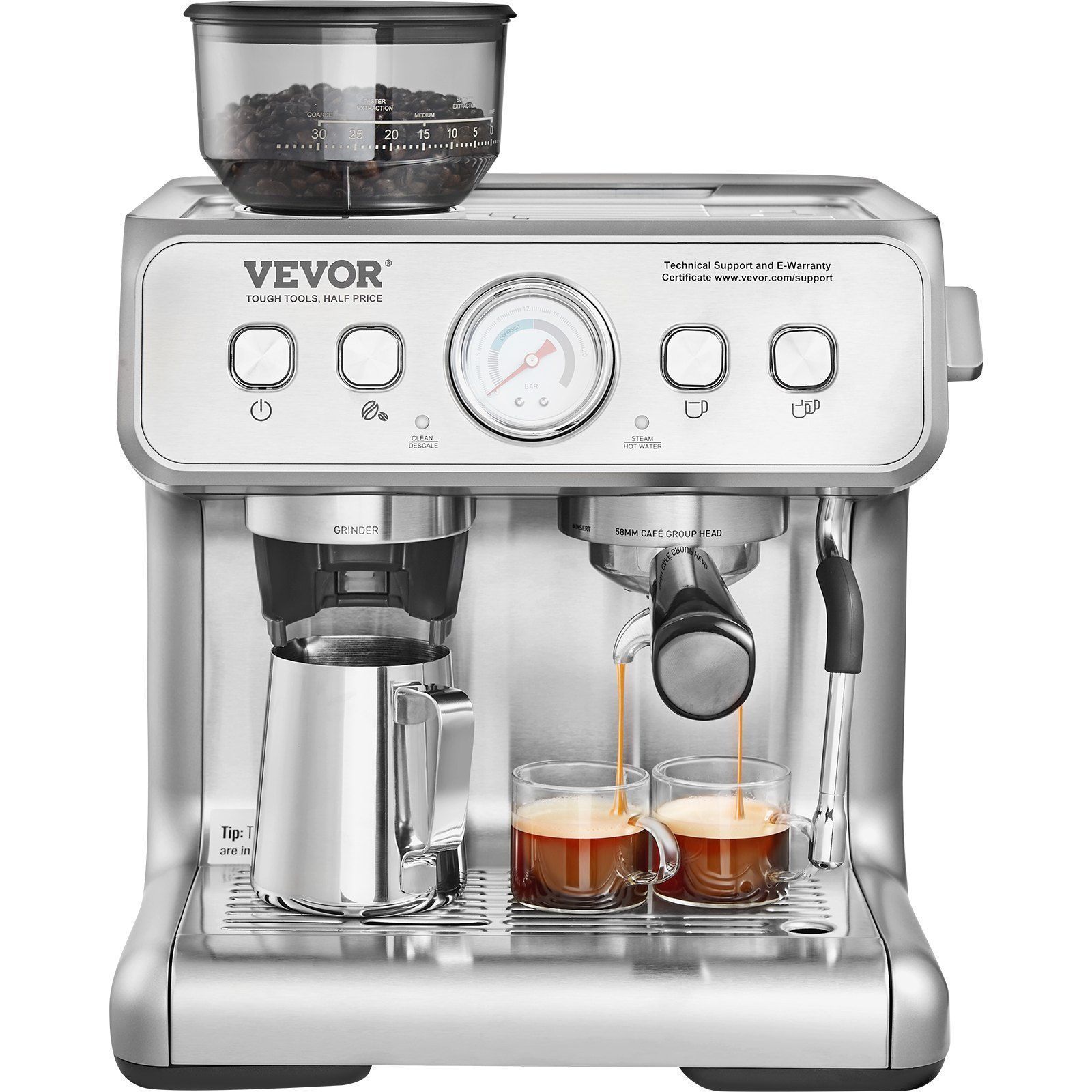A stainless steel VEVOR espresso machine with an integrated coffee grinder, brewing two cups of espresso at once.