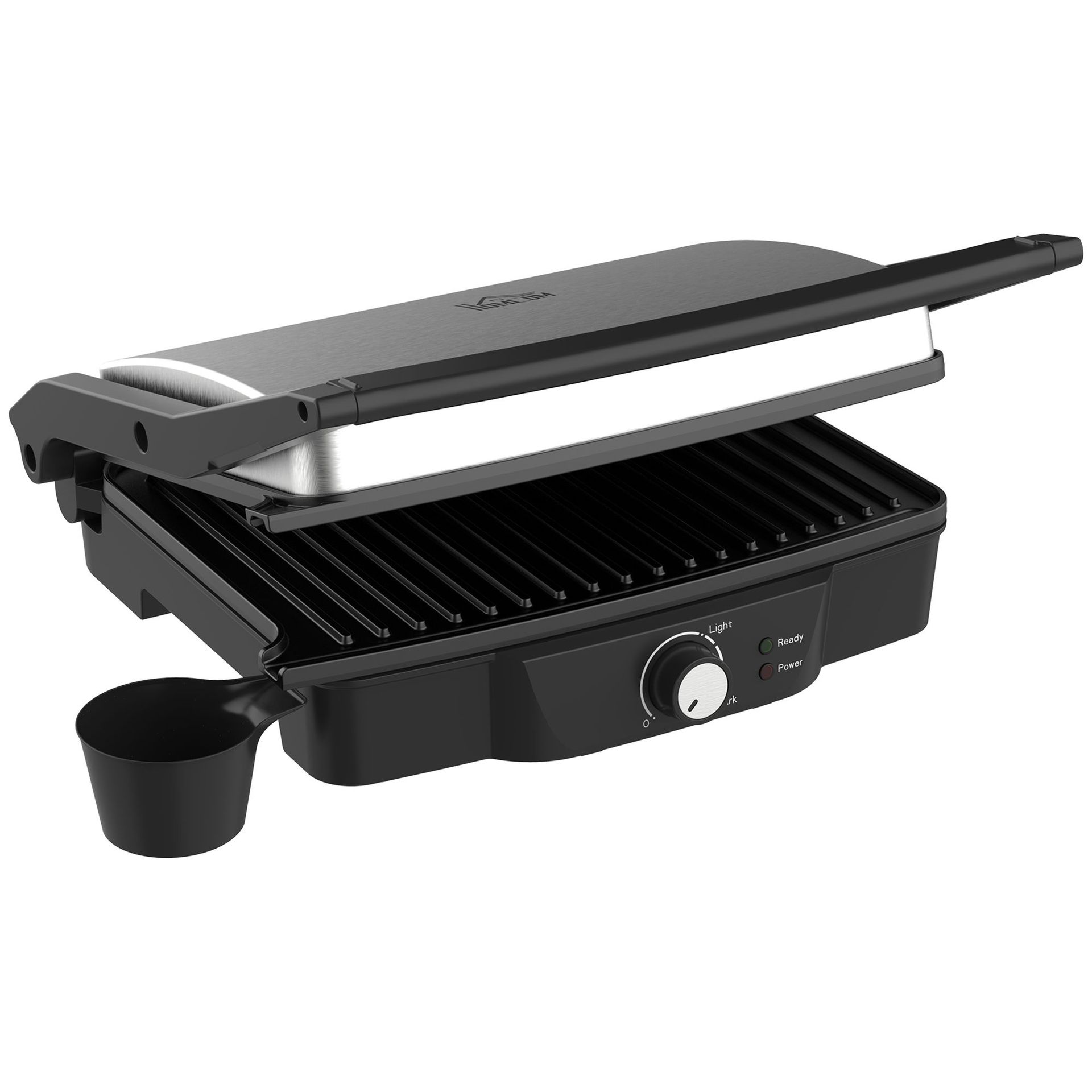 A black electric contact grill with a ribbed cooking surface and a small drip cup attached to the side.