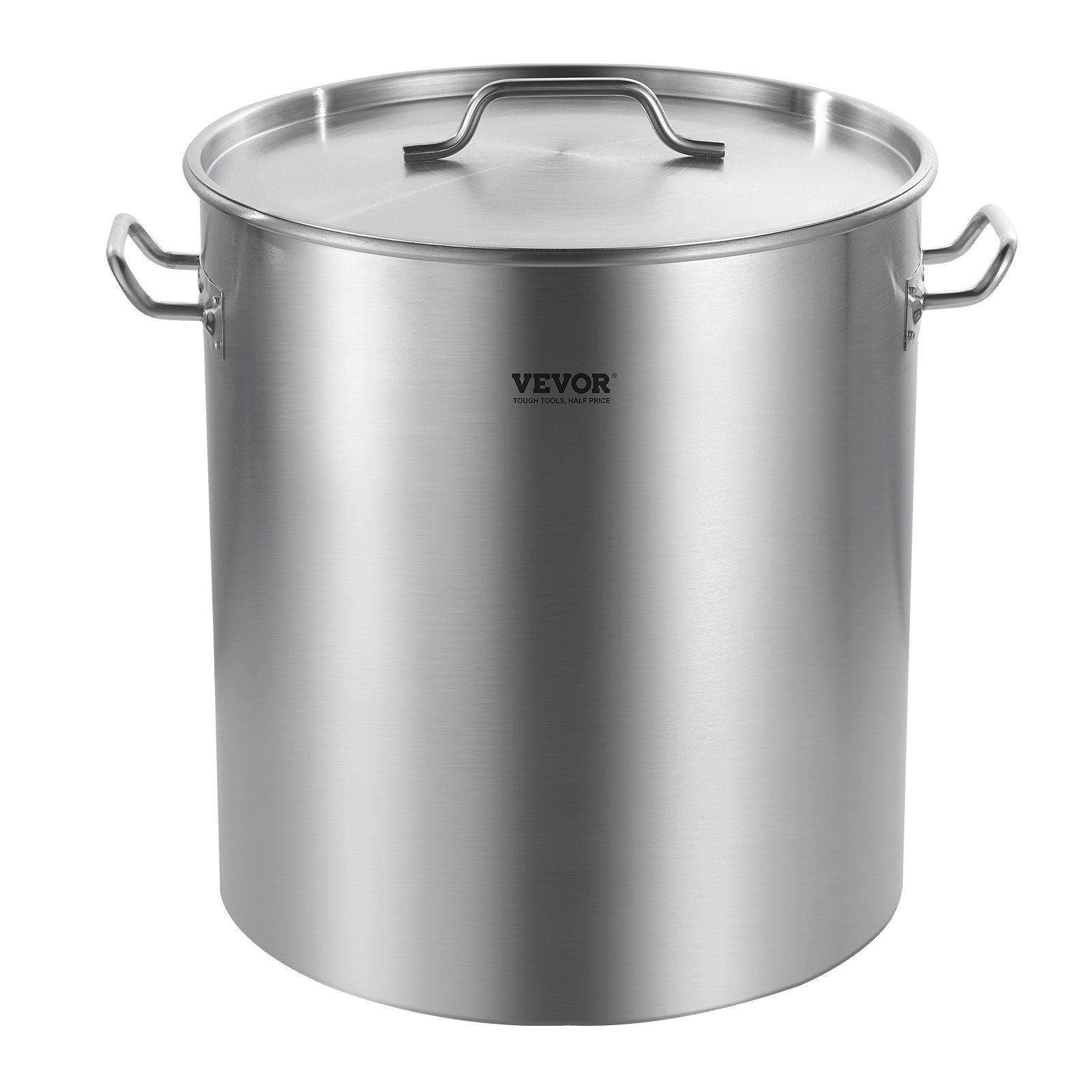 A large stainless steel VEVOR stockpot with side handles and a matching lid on a white background.
