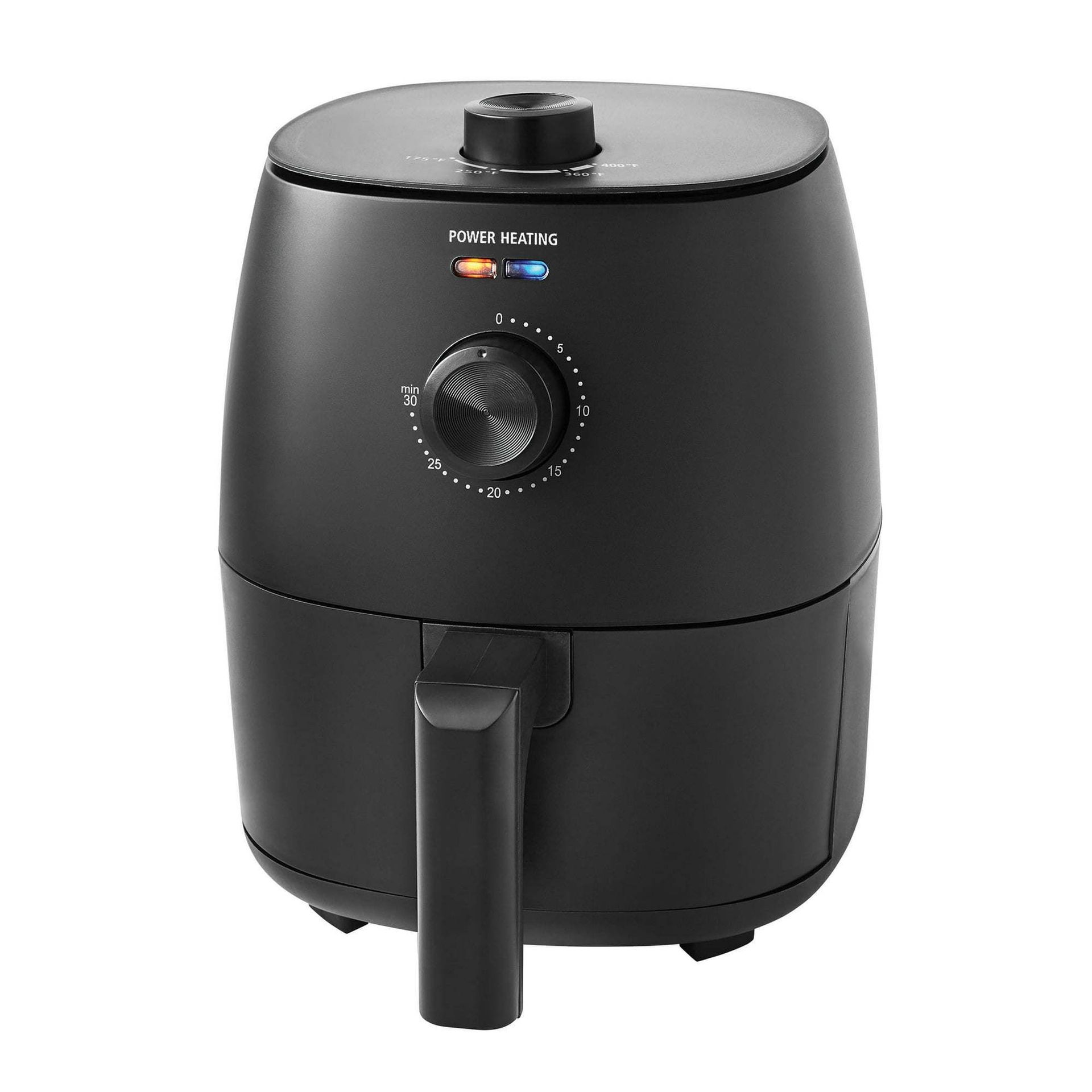 A black air fryer with a basket handle, timer dial on the front, and temperature dial on top against a white background.