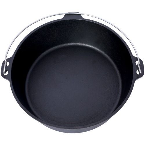 A black cast iron Dutch oven with a lipped lid for holding hot coals and a wire handle, set against a white background.