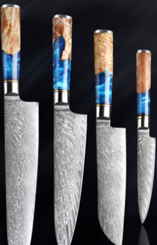 Four kitchen knives with patterned steel blades and handles made of natural wood and swirling blue resin.