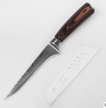 A Damascus steel boning knife with a wood-grain handle and a white plastic sheath on a plain white background.
