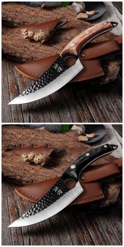 Two photos of a hammered steel chef knife with a leather sheath, one with a light wood handle and one with a black handle.