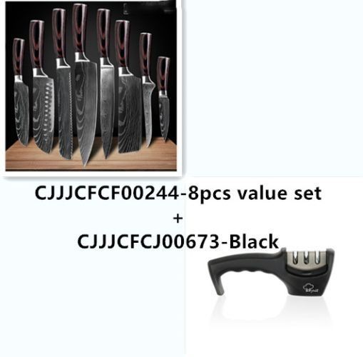 A set of eight knives with dark wood handles alongside a black handheld knife sharpener.