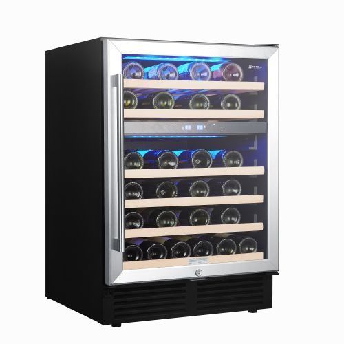 A black under-counter wine cooler with a glass door, silver frame, interior blue lighting, and wooden shelves holding wine.