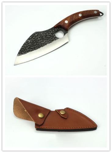 A hunting knife with a hammered blade and wooden handle shown alongside its brown leather sheath.