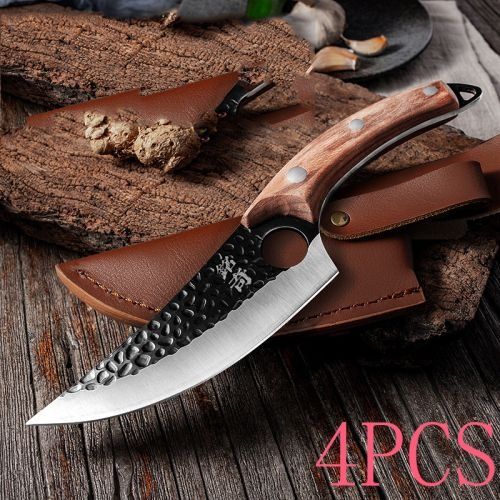 A hammered steel outdoor knife with a wooden handle rests on a brown leather sheath atop rustic wood, labeled