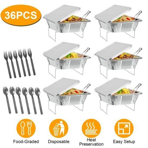 A 36-piece catering set with six foil pans, wire racks, lids, tongs, and sets of forks and spoons against a white background.