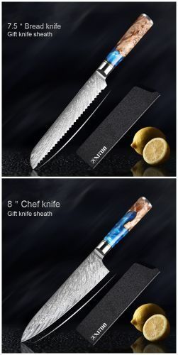 Two premium kitchen knives with resin and wood handles, each with a matching sheath and a lemon, against a black background.