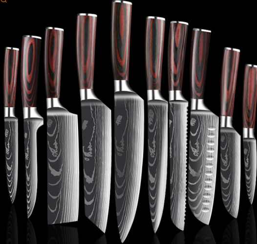 A set of ten kitchen knives with dark wood-grain handles and Damascus steel blades arranged in a fan against a black back.