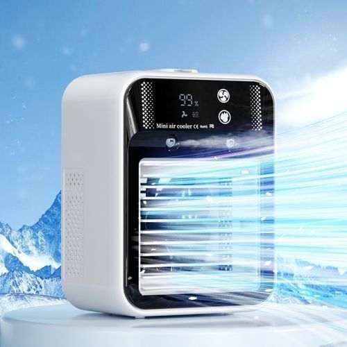 A white portable air cooler on a platform with blue, breezy lines emitting from its front against a snowy mountain backdrop.