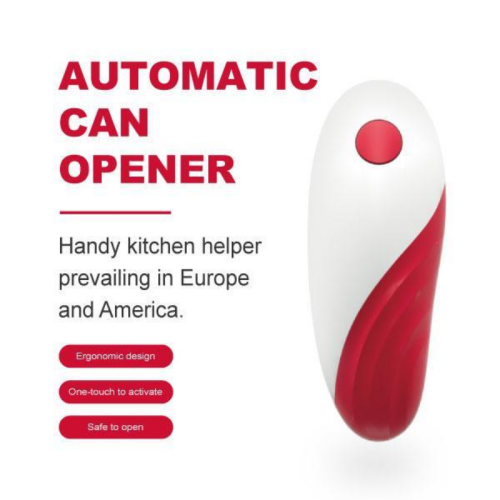 A white and red automatic can opener with features listed as ergonomic, one-touch, and safe to use.