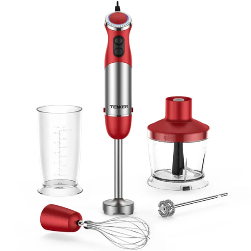 A red and silver multi-functional immersion blender set, including a mixing beaker, chopper bowl, whisk, and milk frother.