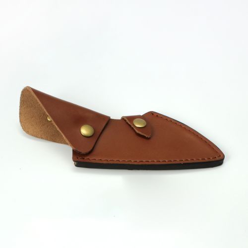 A brown leather knife sheath with two brass snap buttons, shown against a plain white background.