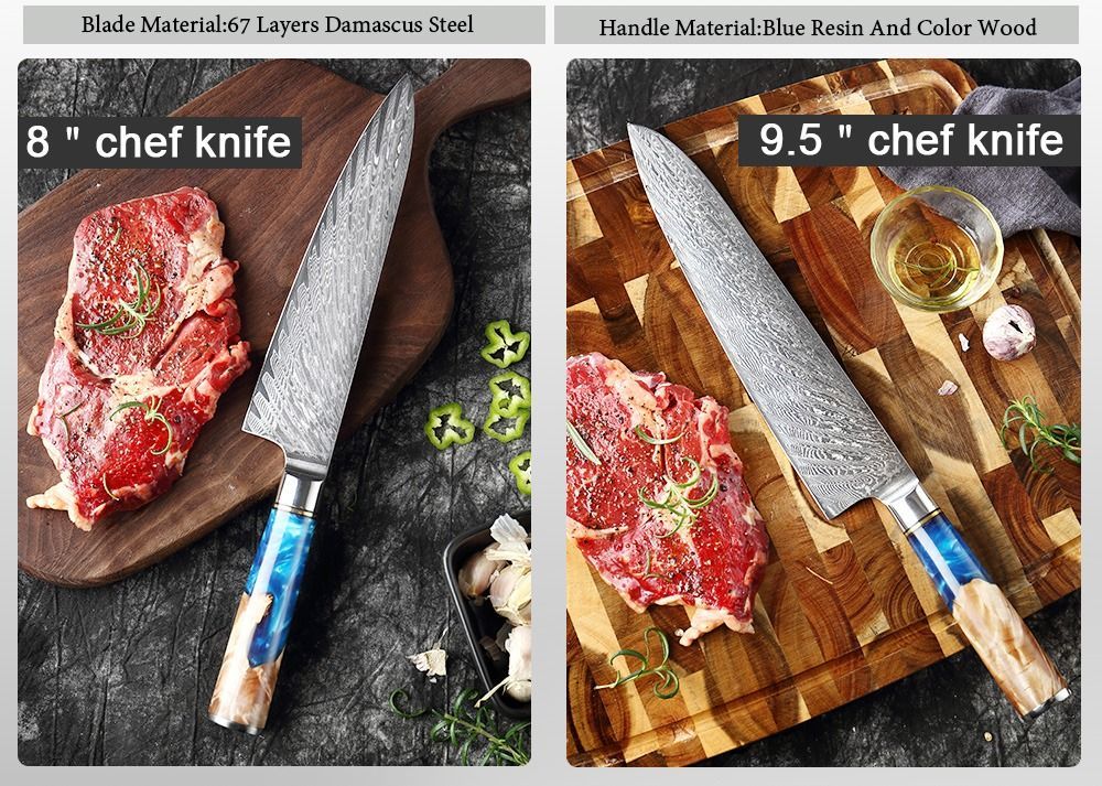 Eight kitchen knives with blue resin and wood handles and Damascus steel blades arranged on a dark wooden surface.