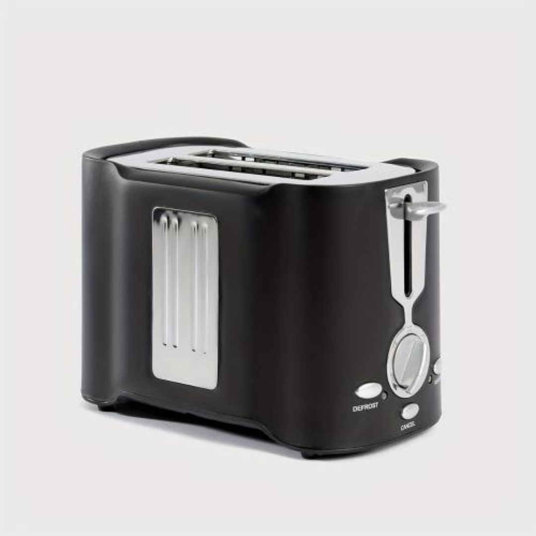 A black, two-slice toaster with silver accents and a side-mounted lever, positioned against a plain, light background.