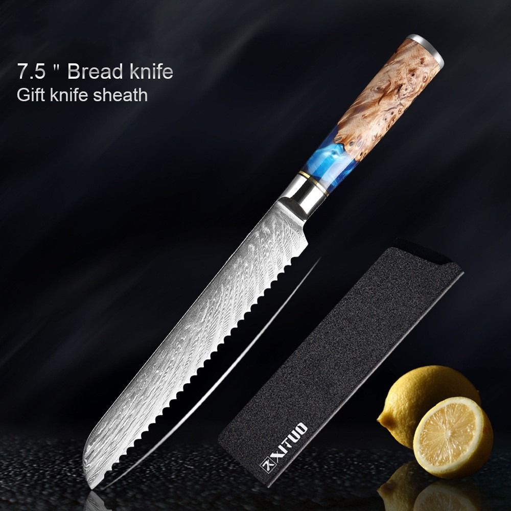 A 7.5-inch serrated bread knife with a patterned blade and a decorative wood/resin handle, plus a black sheath and lemons.