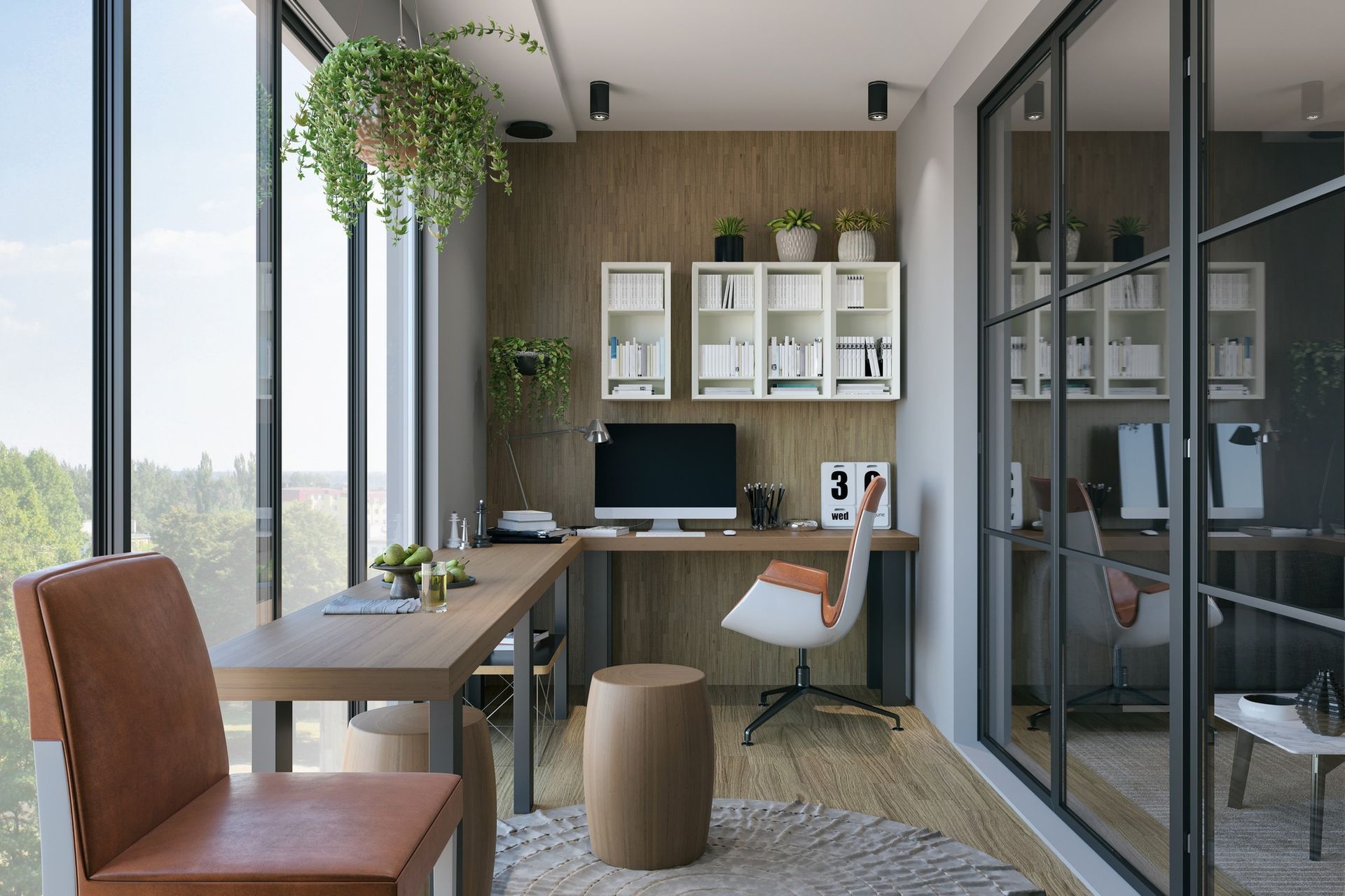 Modern office lounge with large windows, wood desk, glass partitions, and hanging plants