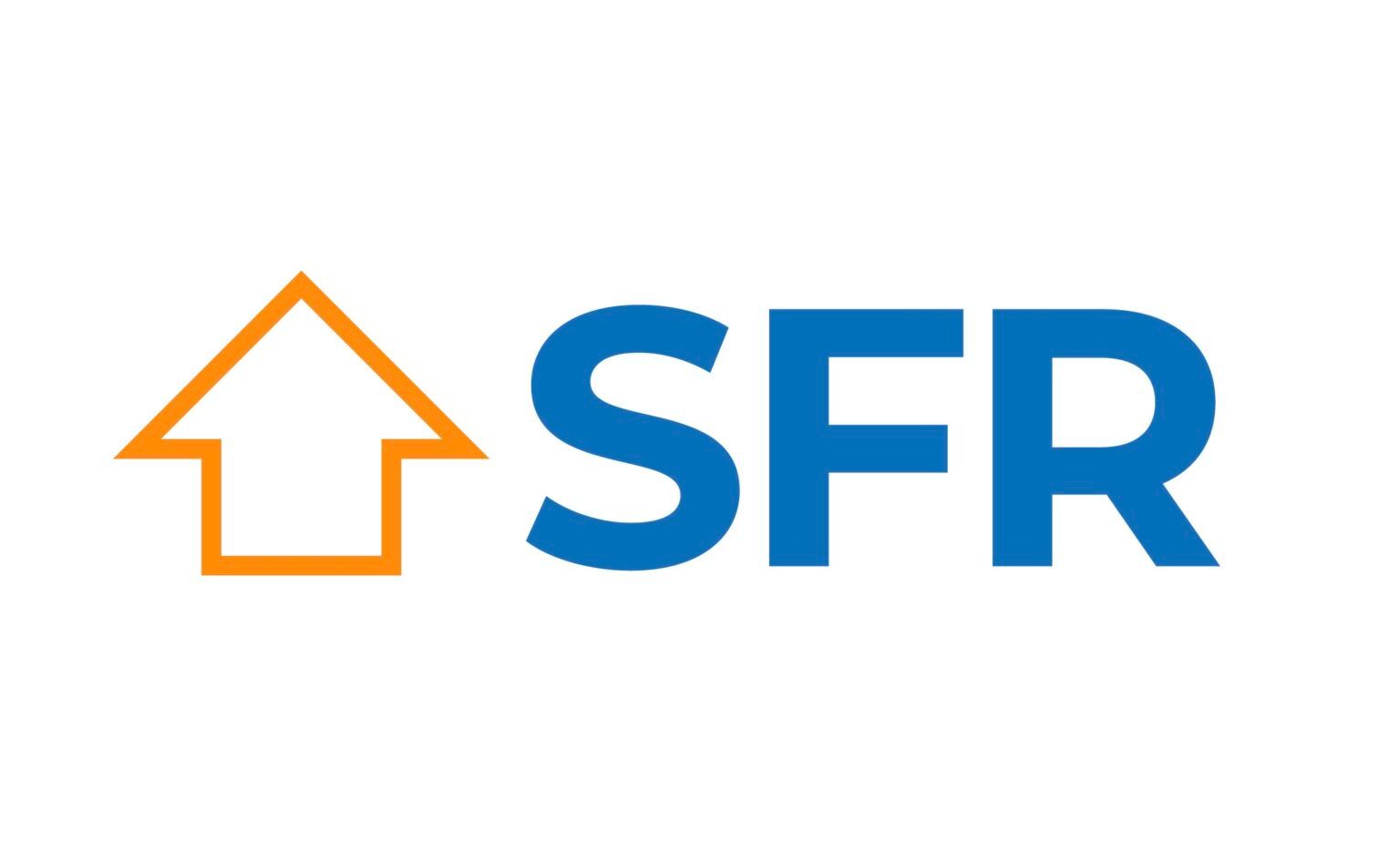 Orange house outline next to blue SFR logo on a white background