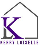 Real estate logo with purple and gray house outline, large purple K, and text “KERRY LOISELLE TEAM”