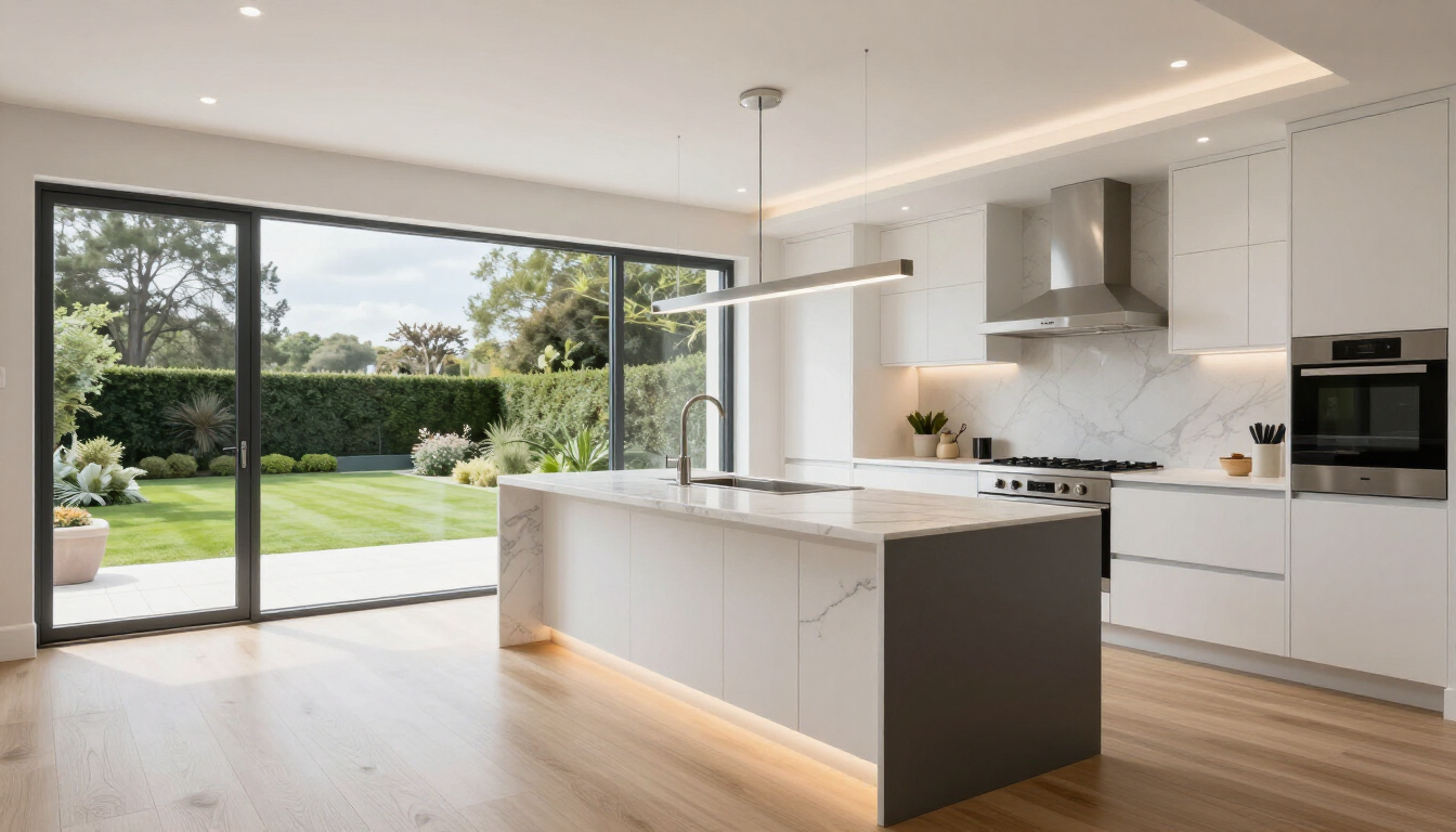 photorealistic modern kitchen refurbishment bright airy high end finishes Gloucestershire home