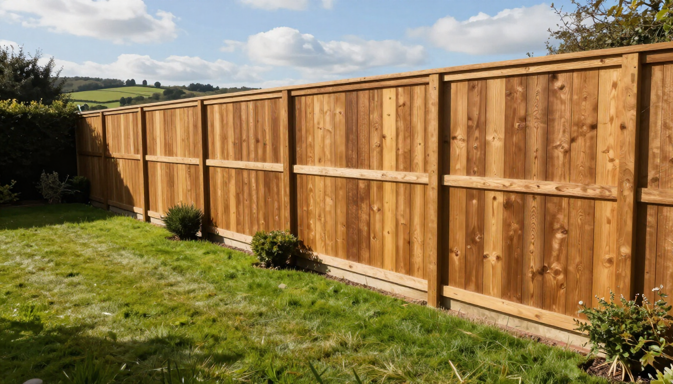 A professionally installed wooden garden fence in a residential backyard.