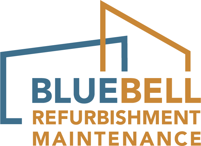 Logo for Bluebell Refurbishment & Maintenance: blue and gold abstracted house outline with company name below.