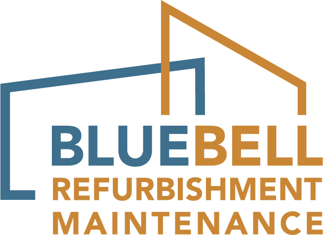 Logo for Bluebell Refurbishment Maintenance. Blue and gold stylized building graphic with company name below.