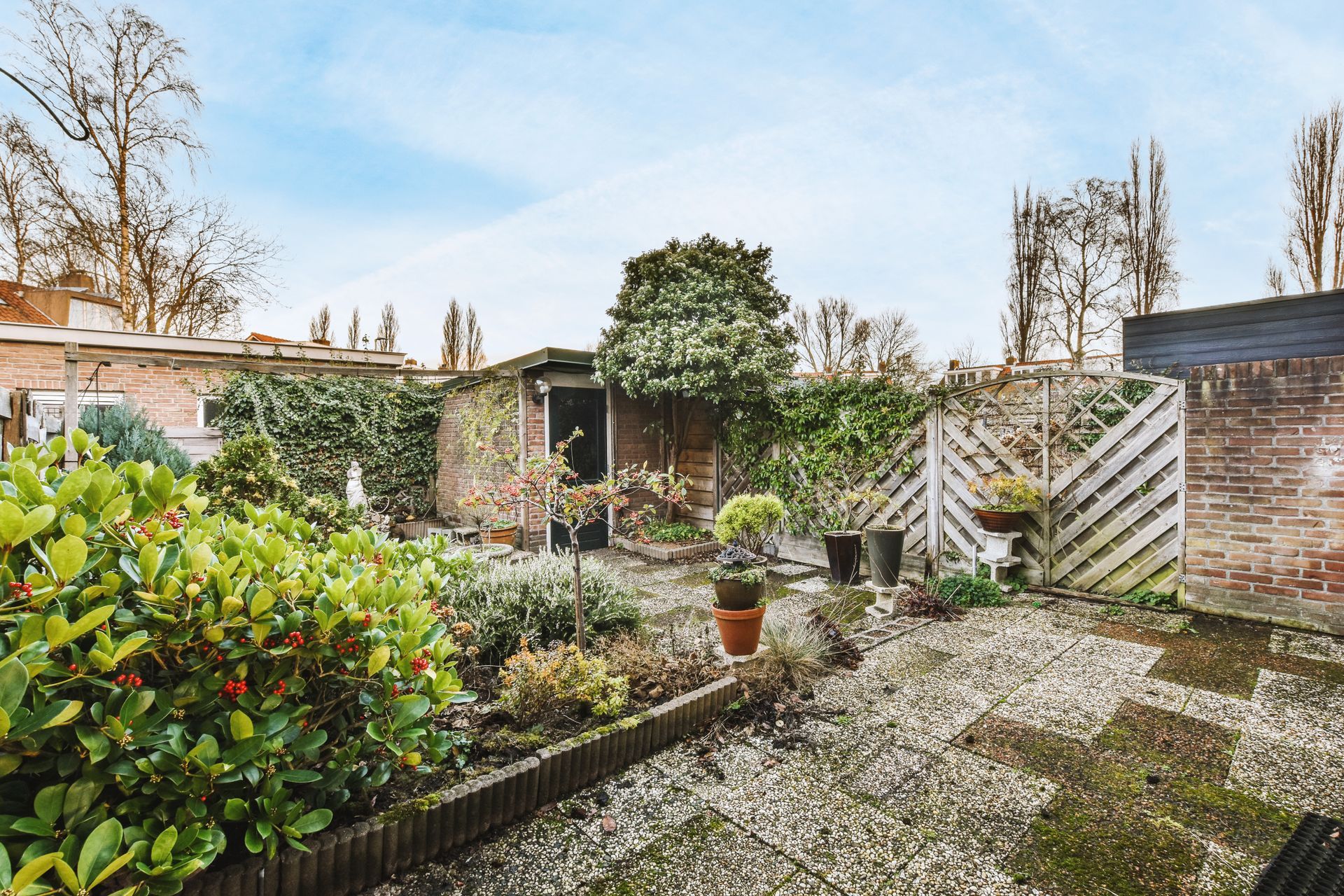Backyard garden with stone patio, shrubs, and a small shed.