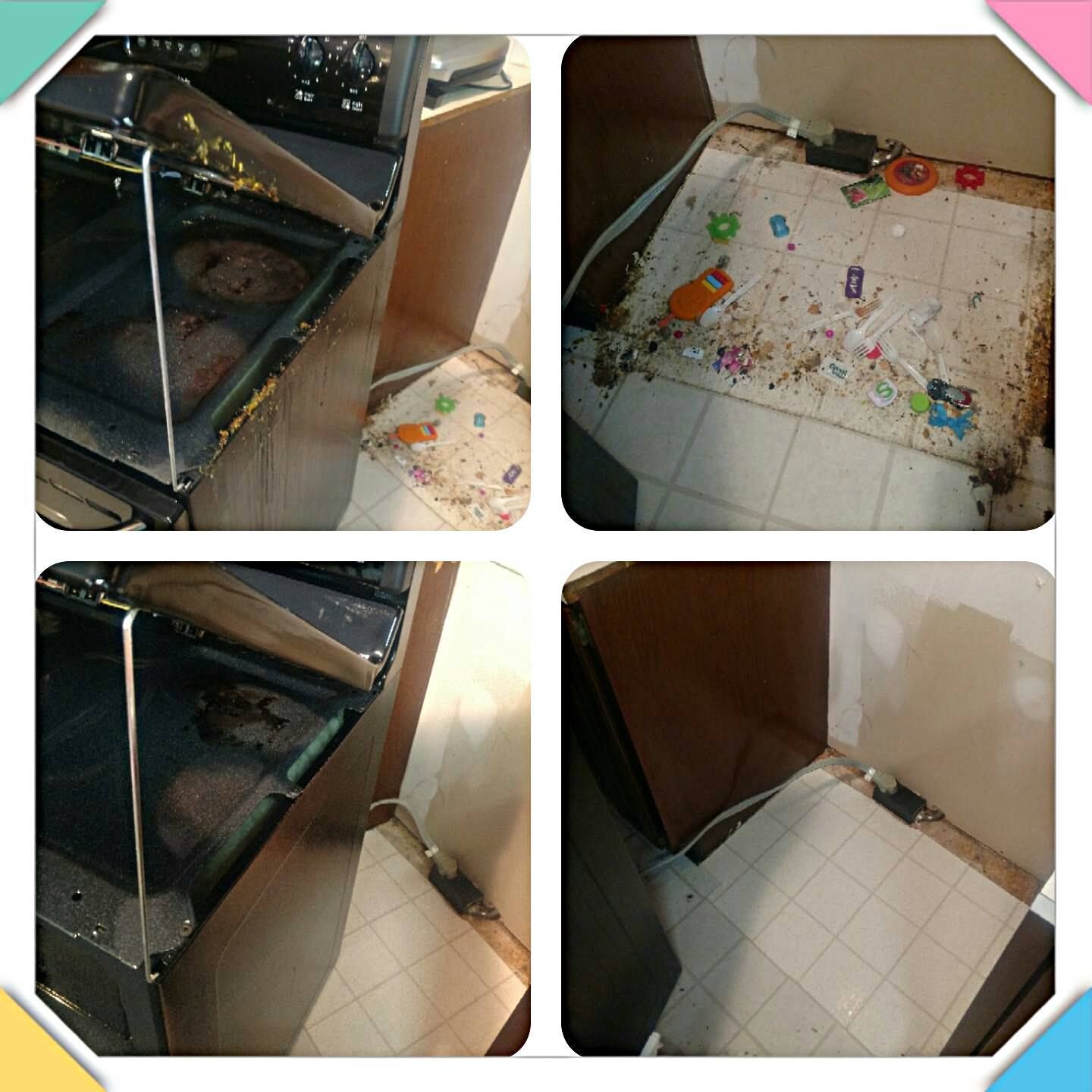 Four-panel collage showing a dirty oven, a messy floor, and clean-up in progress.