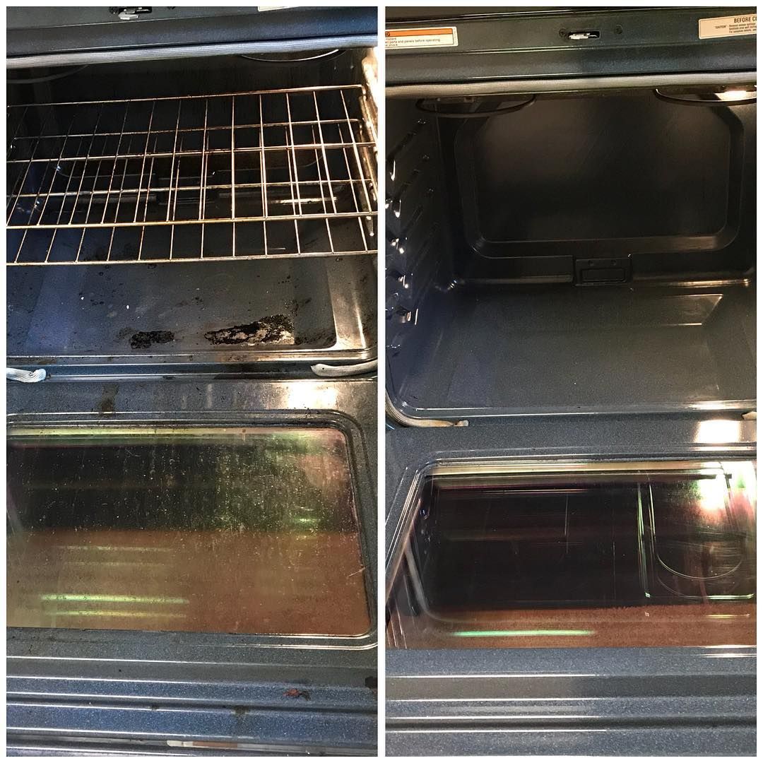 Before and after of a cleaned oven; interior and rack are spotless, door is clear.