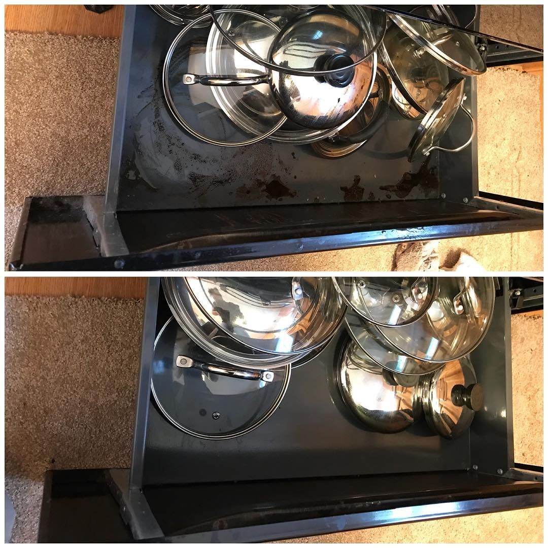 Two photos of a stovetop before and after cleaning, showing a build-up of grime removed.
