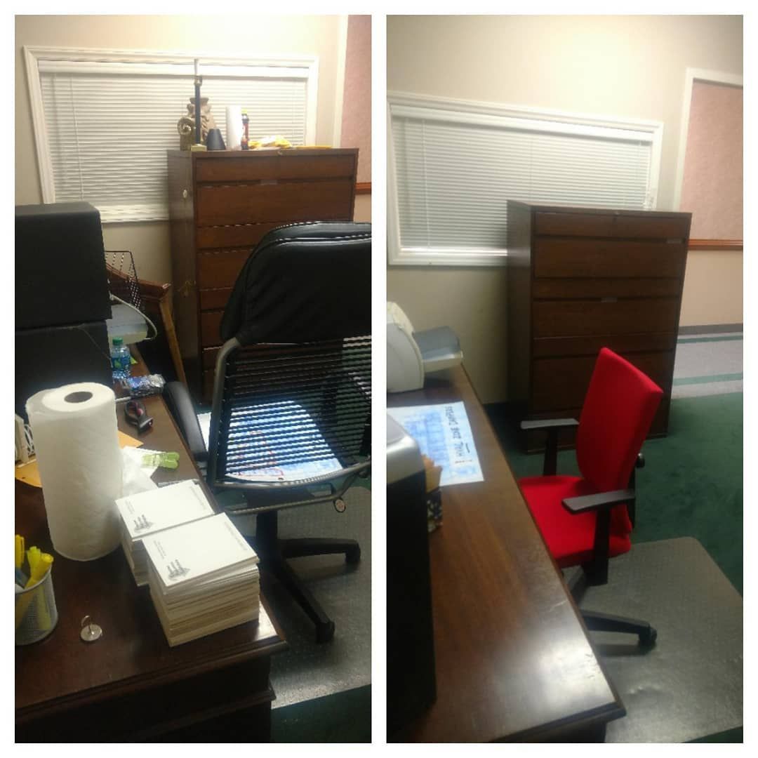 Two office views: a desk with supplies and chair on left, another desk with red chair on right. Both have cabinets.