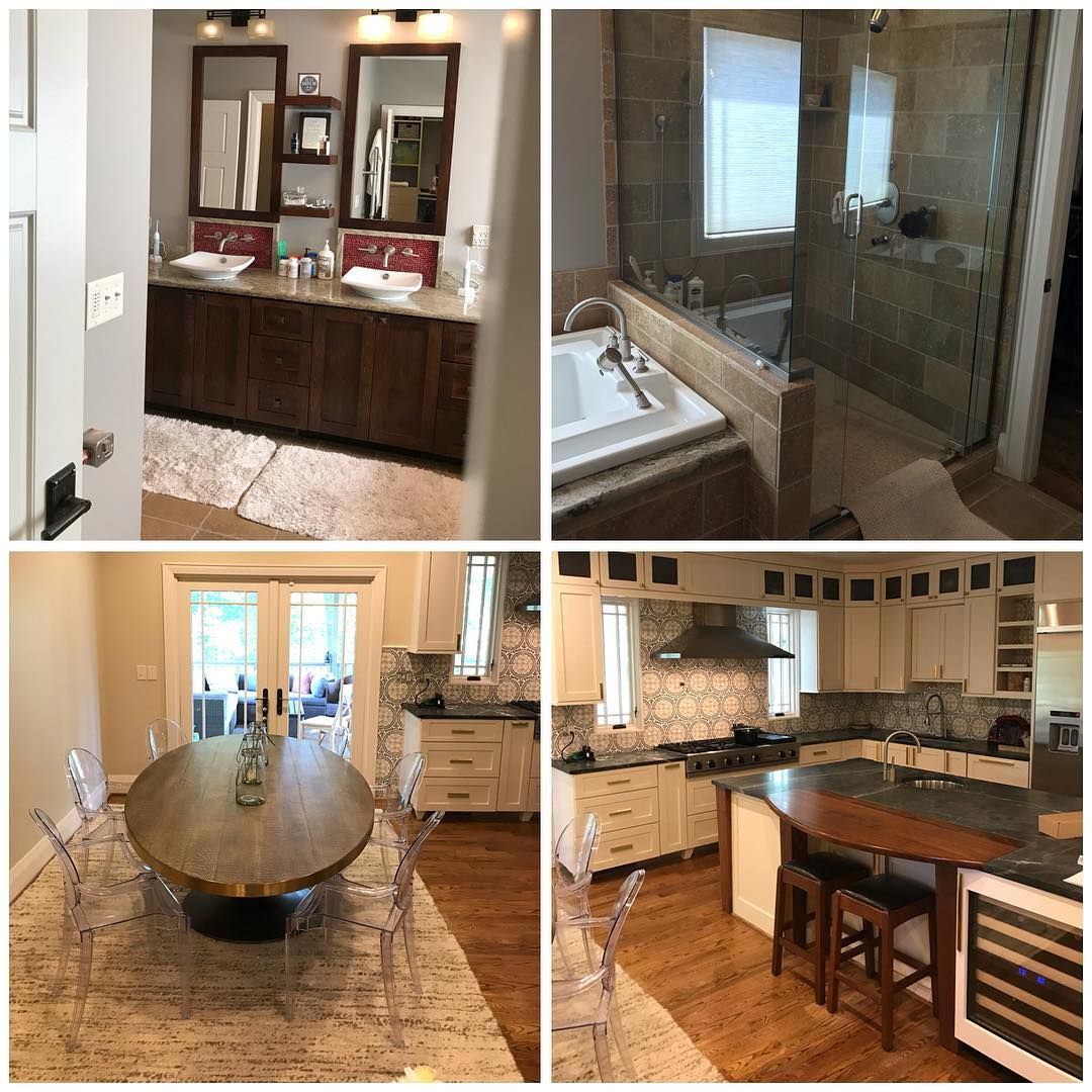 Four photos of a home: bathroom vanity, bathroom with tub and shower, dining room with table, and kitchen with island.