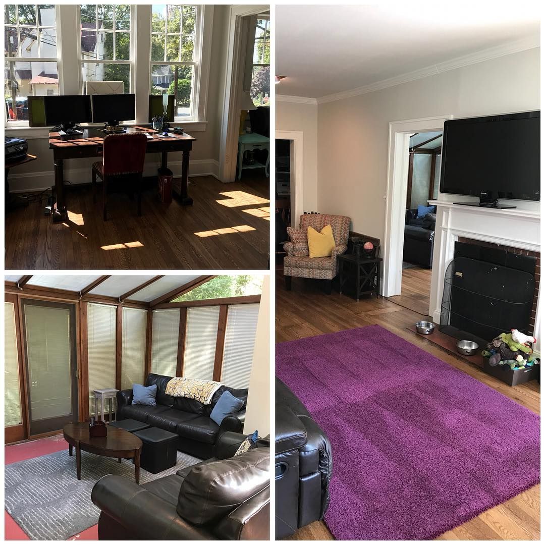 Collage of three interior rooms: home office, living room with fireplace, and sunroom with leather furniture.