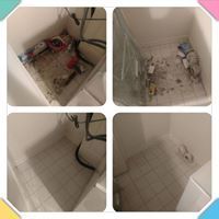 Four-panel sequence: Dirty shower drain cleaning to clean shower drain. White tile, dark debris removal.