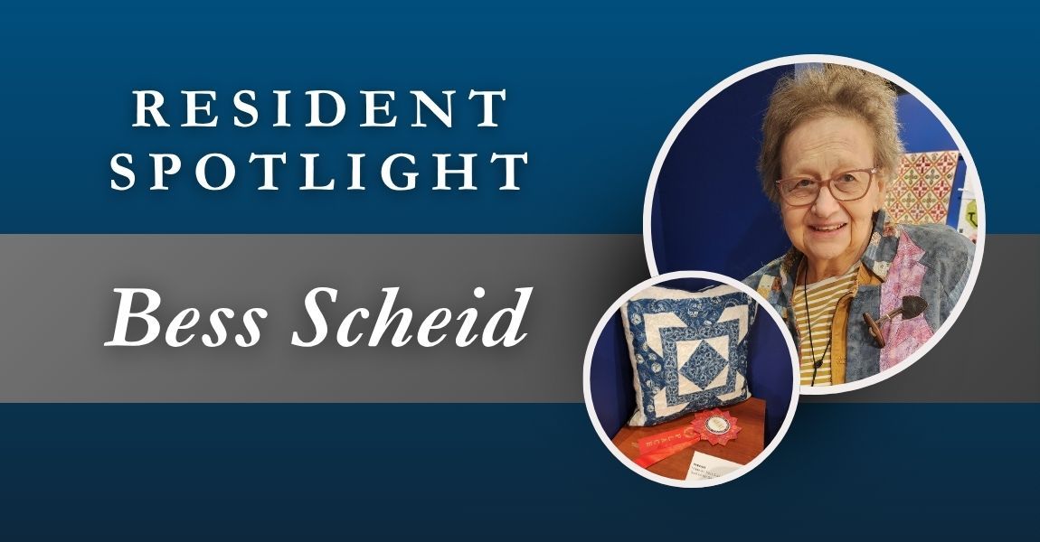 Resident Spotlight graphic with portrait of Best Schneid and a quilt in a blue oval frame