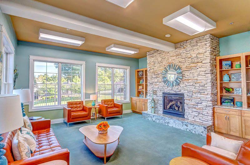Living room with fireplace, leather furniture, and bookshelves, in a bright, colorful room.