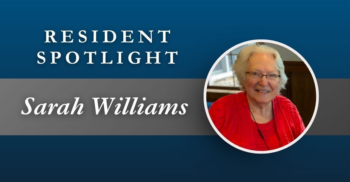 Resident Spotlight banner with Sarah Williams and her portrait in a red top