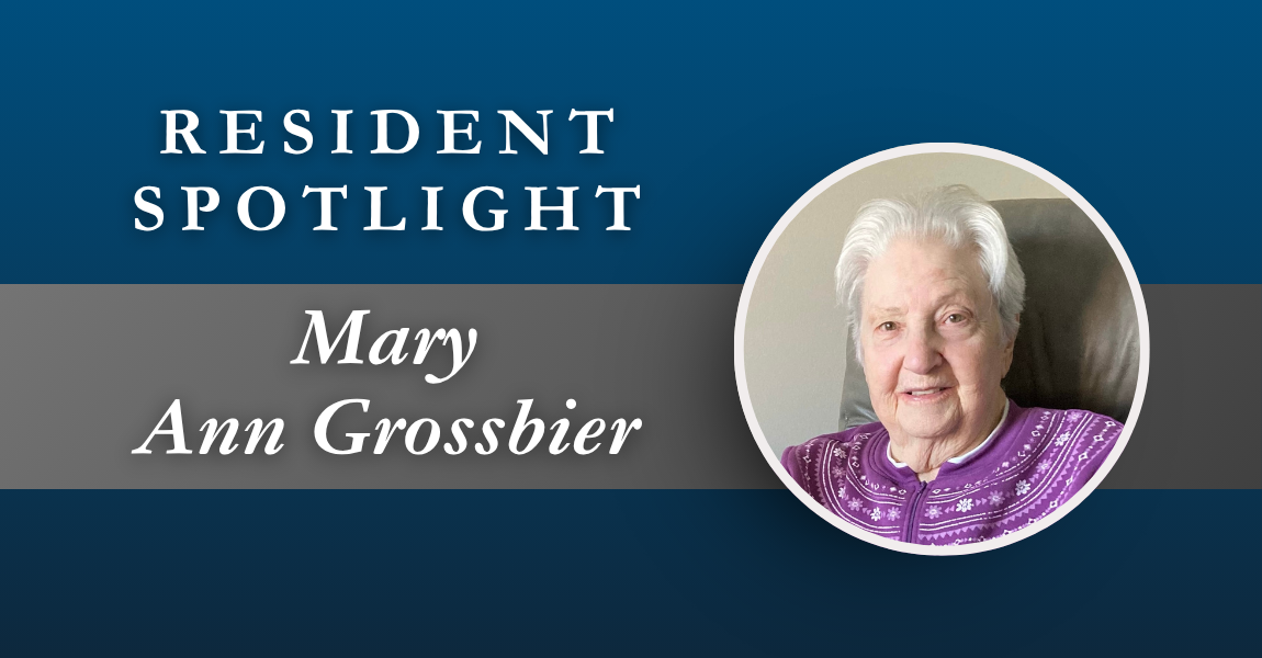 Resident spotlight banner with portrait of Mary Ann Grossbier on a blue background.