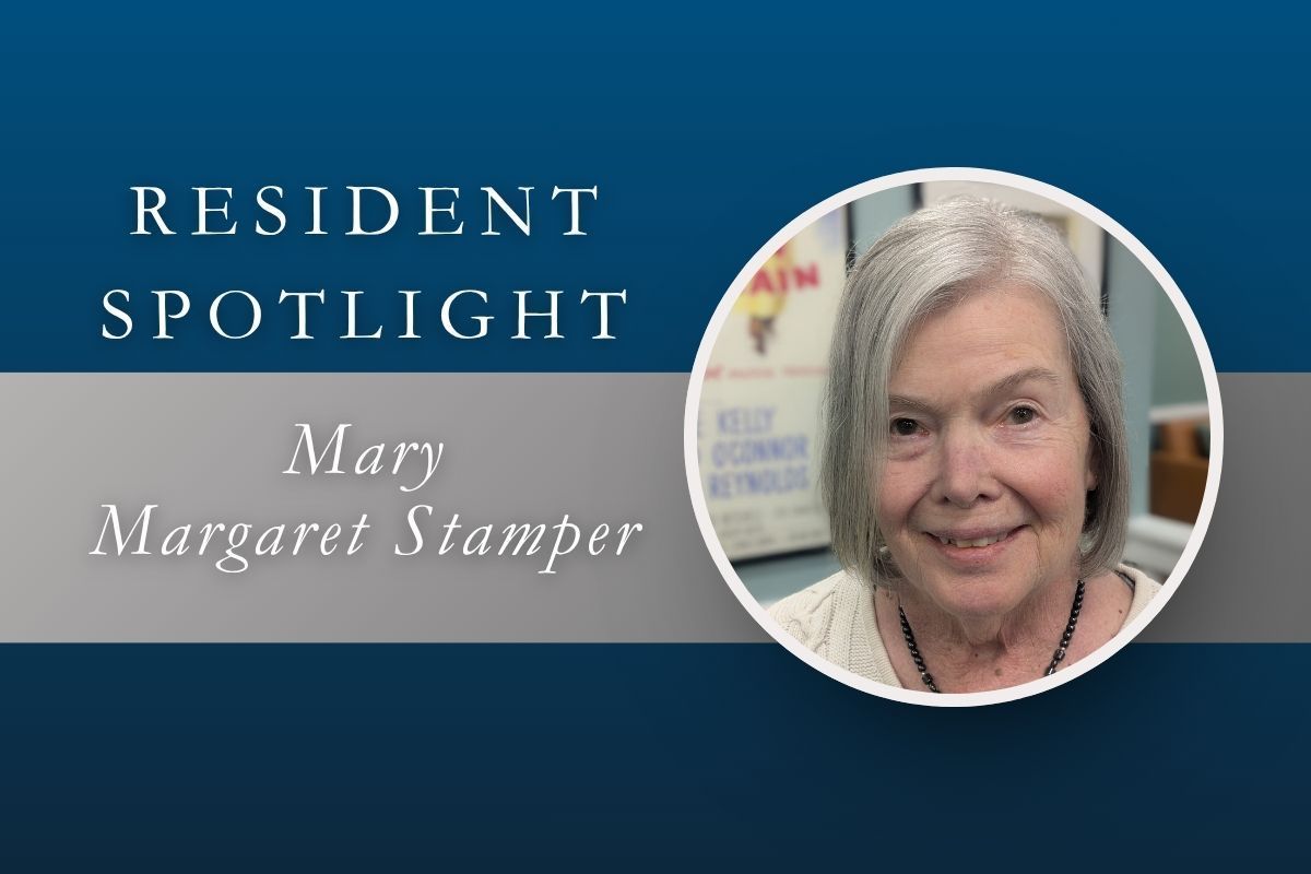 Resident Spotlight banner with portrait and the name Mary Margaret Stamper on a blue background