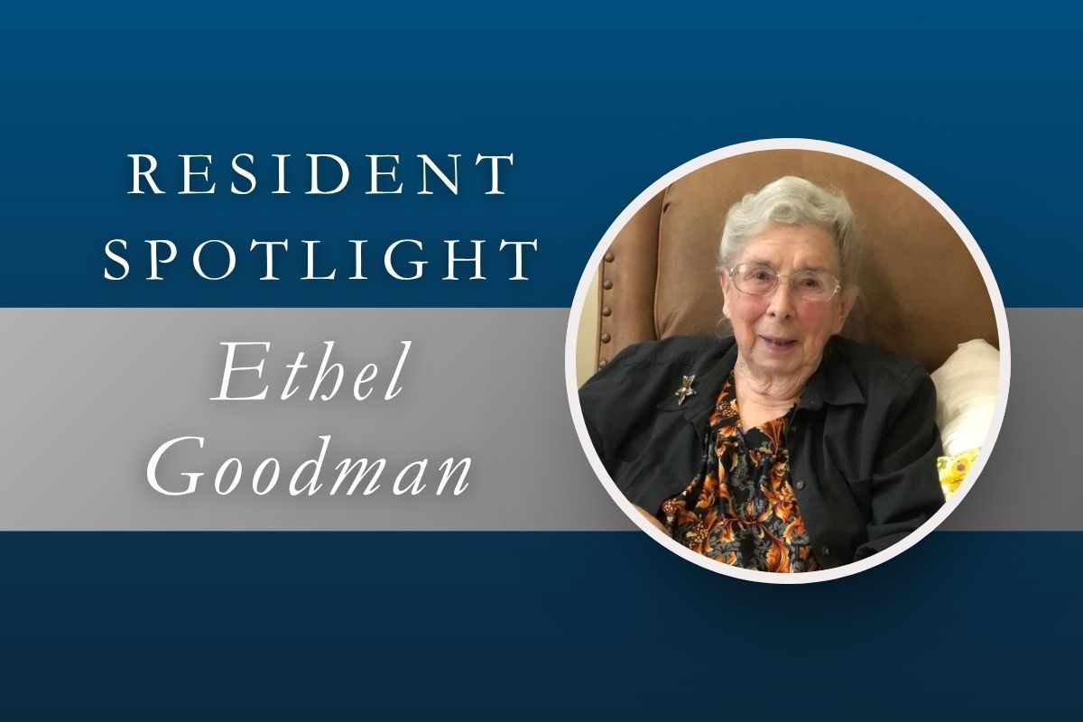 Resident Spotlight: Ethel Goodman, with a portrait in a circular frame on a blue background