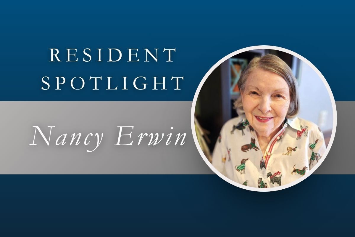 Resident Spotlight: Nancy Erwin, older woman smiles in a white-bordered circle. Blue and gray background.