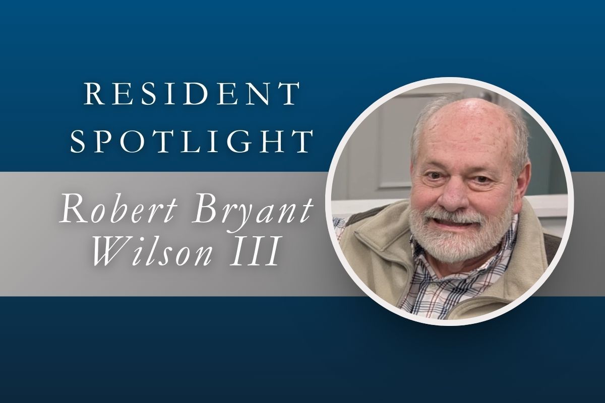 Resident spotlight featuring Robert Bryant Wilson III; headshot in a circle. Blue and silver background.