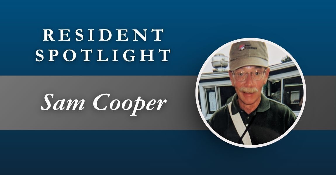 Resident Spotlight banner with “Sam Cooper” and a portrait in a circular frame on a blue background