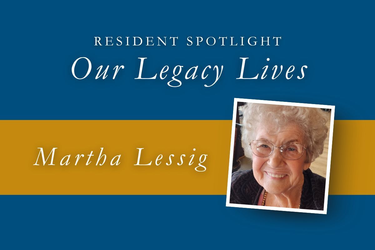 Resident Spotlight featuring Martha Lessig, with photo. Text on a blue and gold background.