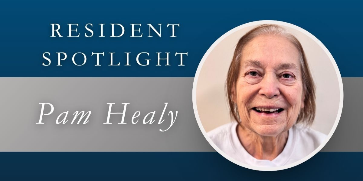 Resident Spotlight: Pam Healy. A woman with a slight smile in a white circle on a blue and gray background.
