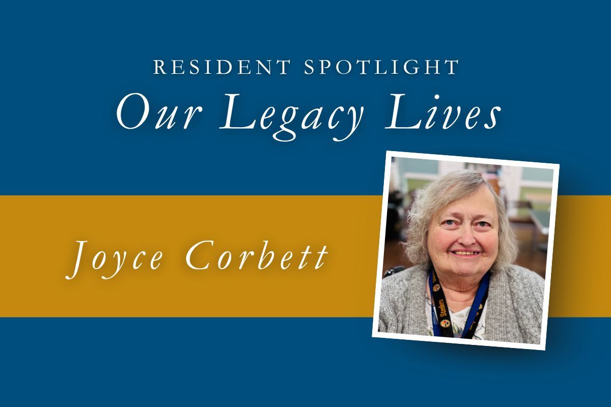 Resident spotlight: Joyce Corbett. Text on a blue and gold background. Photo of smiling woman.